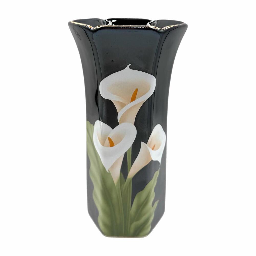 Vintage Otagiri Black Calla lily 9” Hexagonal Porcelain Vase